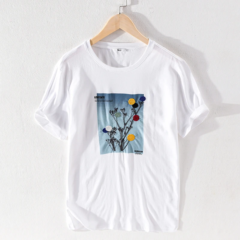 

New arrival short sleeve embroidered linen t shirt men brand summer t-shirt for men fashion white t shirts male overhemd