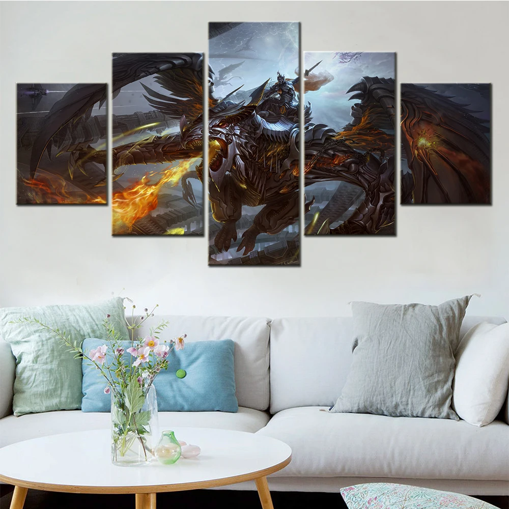

Canvas Painting 5 Piece Dragon Spit Fire Warrior Mech Fantasy Sci Fi Decoration Salon Wall Decor Canvas Modern Living Room Art