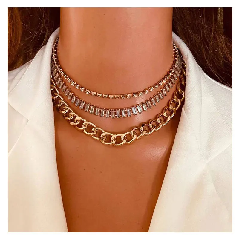 

Punk Metal Curb Cuban Gold Necklaces For Men Women Cube Rhinestone Link Chain Chokers Diamonds Multilayer Necklace Set Jewelry