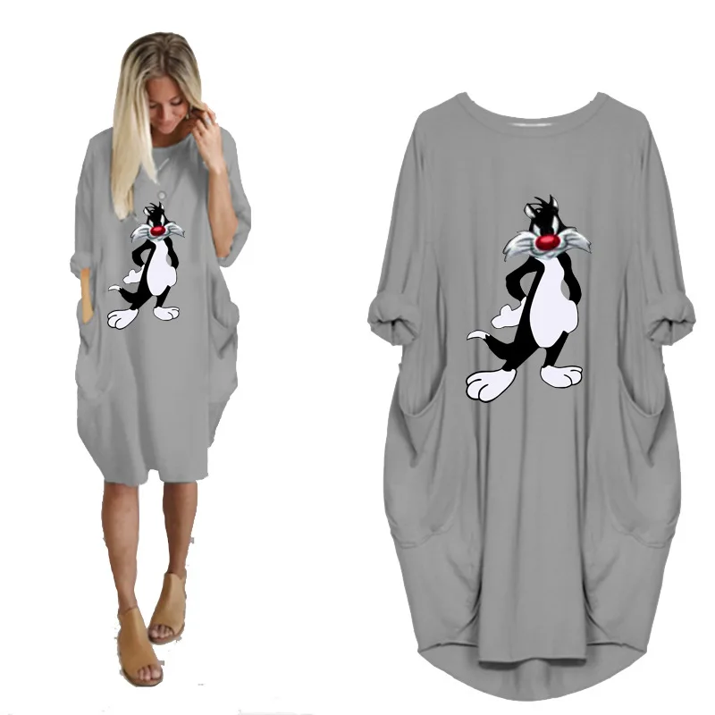 

2021 Autumn Winter Long Sleeve Women's Fashion Cartoon Print Dress O-Neck Pullover Party Dresses Loose Midi Dress Plus Size 5XL