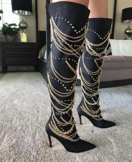 

Dipsloot/Новинка; Пикантные женские сапоги с флуоресцентными желтыми, черными, золотыми цепочками; Сапоги выше колена с острым носком на шпильк...