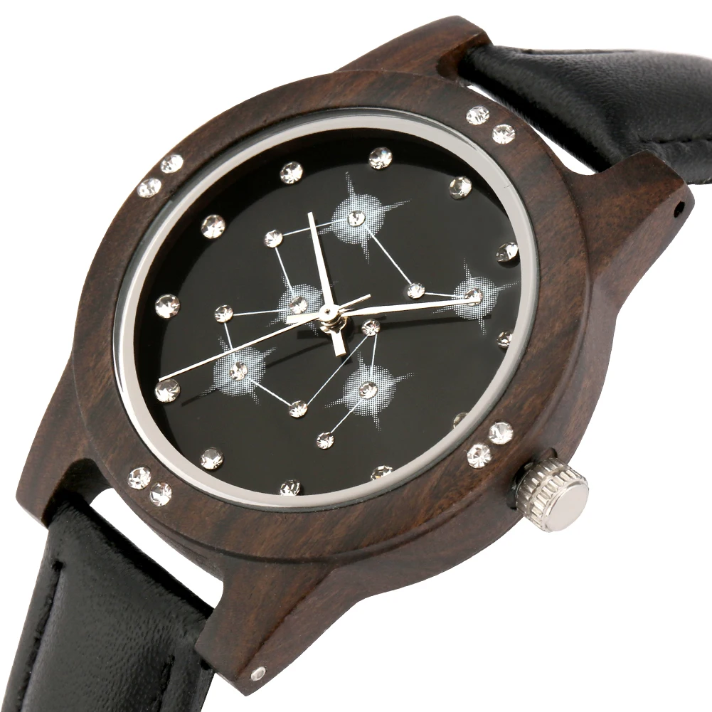 Fashion Luxury Diamond Starry Sky Dial Wood Watch Women Men Leather Bracelet Ladies Quartz Wooden Wristwatches Girlfriend Gifts