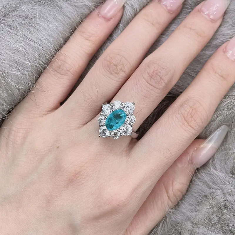 

Jazaz Fine 100% 925 Sterling Silver Rings For Women Sparkling High Carbon Diamond 6*9MM Oval Paraiba Tourmaline Gemstone B01392