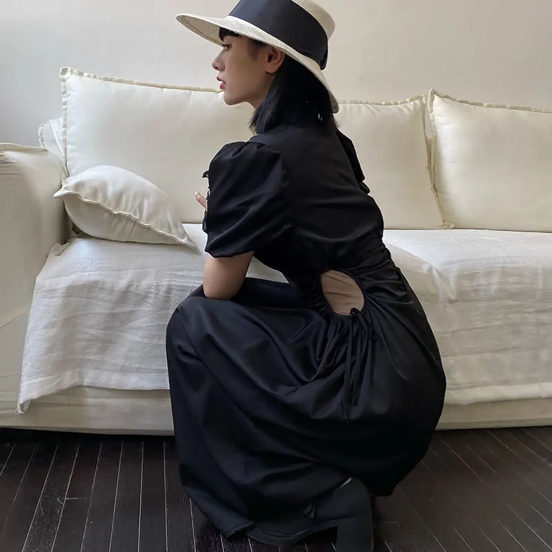 

XITAO Hollow Out Puff Sleeve Solid Dress 2021 Summer New Arrival Personality Fashion Loose O-neck Short Sleeve Dress WMD0672