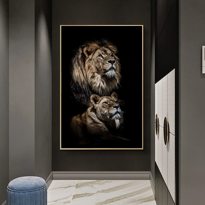 

African Wild Lions on the Dark Canvas Paintings on the Wall Art Posters and Prints Lion Family Decorative Pictures Home Decor