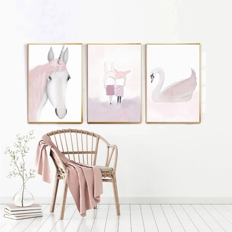 Скандинавские принты акварельные мультфильмы Единорог девушка холст картина