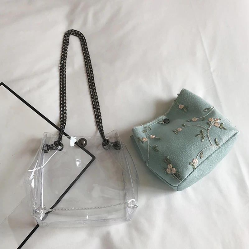 Embroidered Bucket Women Transparent Bag Clear Shoulder Female Chain Crossbody Messenger Bags 2020 Luxury Handbag | Багаж и сумки