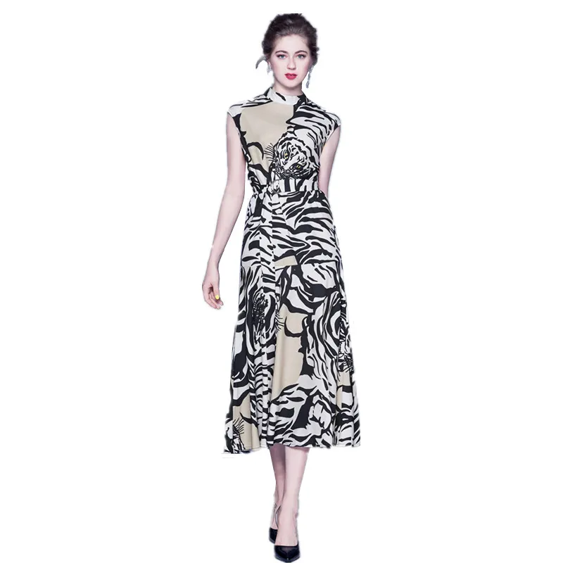 

2020 Spring Summer Women Tiger Striped Printed Long Dress Sleeveless Stand collar Elegant Vintage Party Dress Vestidos
