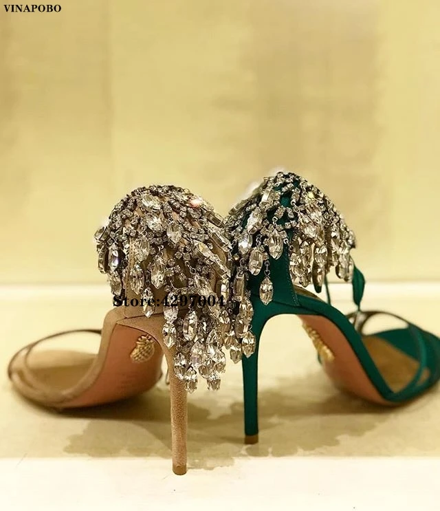 Vinapobo New Design Crystal Rhinestone Fringe Women Sandals Fashion green Pattern Leather Open Toe Stiletto Heels Ladies Shoes images - 6