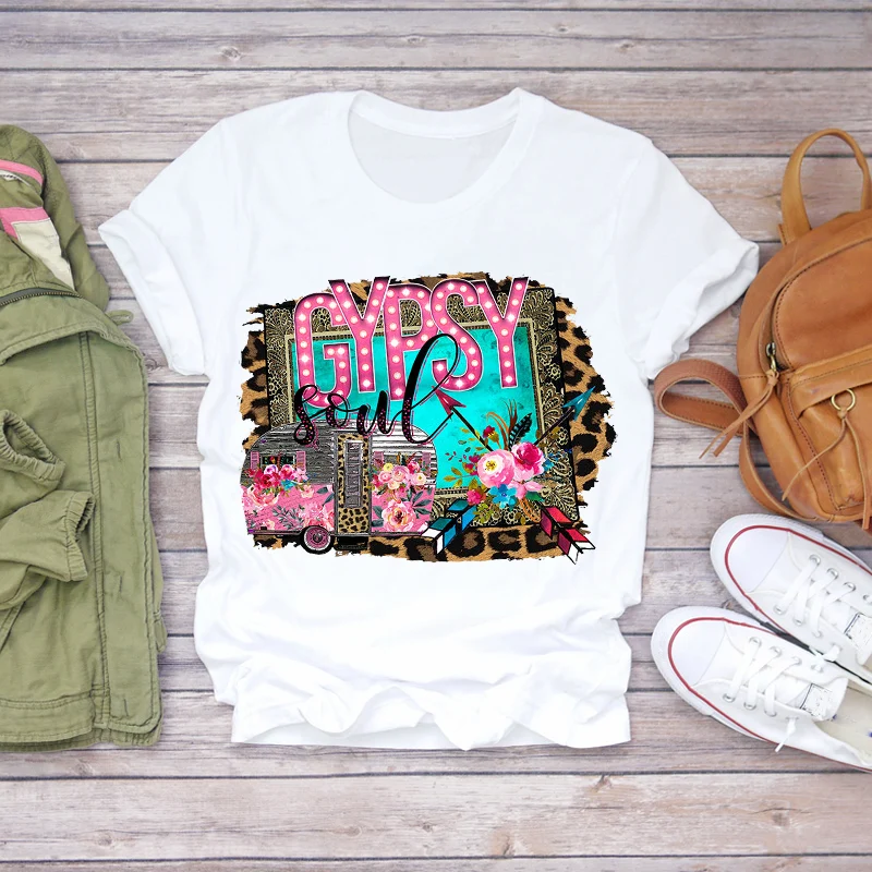 Женская Винтажная футболка с цветочным принтом леопардовая Футболка грузовика