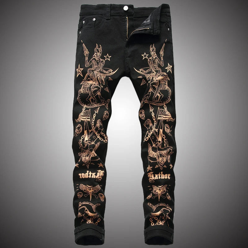 Уличная одежда джинсовые брюки мужские Модные джинсы с принтом эластичные узкие