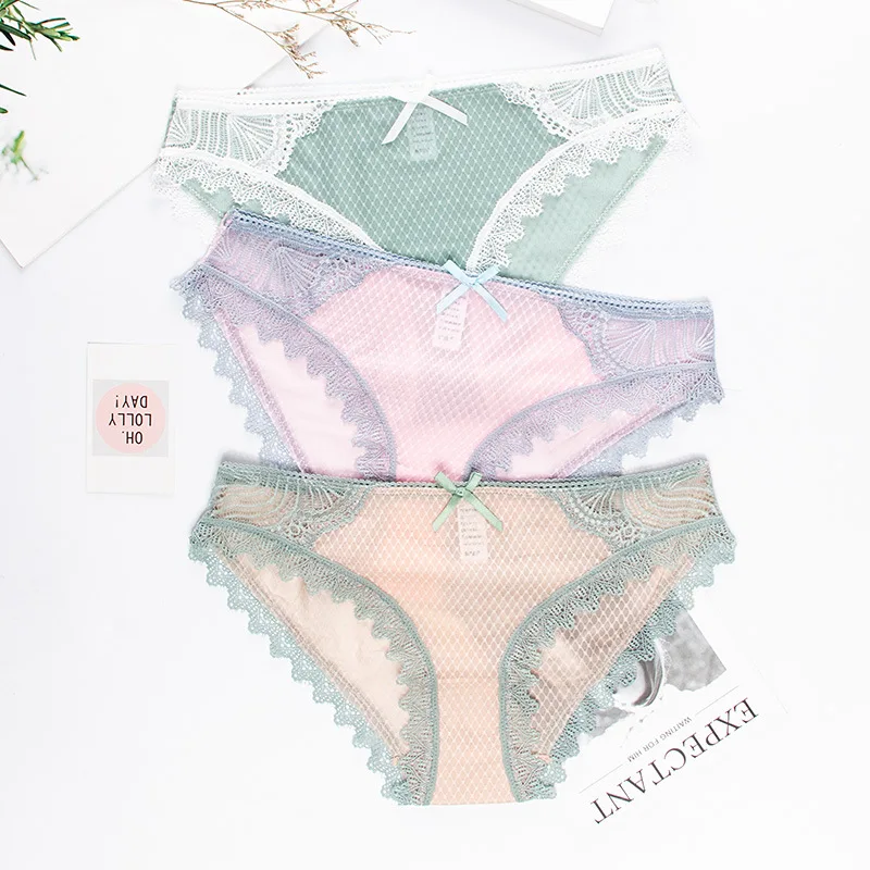 

Wasteheart Women Fashion Cotton Lace Mesh Bow Low Waist Sexy Panties Underwear Lingerie Women Briefs 3 Piece 3 Color Underpant