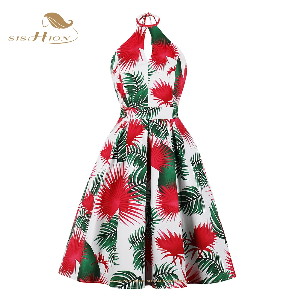 

SISHION Women Sexy Backless Halter Vintage Inspired Pin Up Dress VD1783 50s Cotton Swing A Line Floral Beach Summer Dress