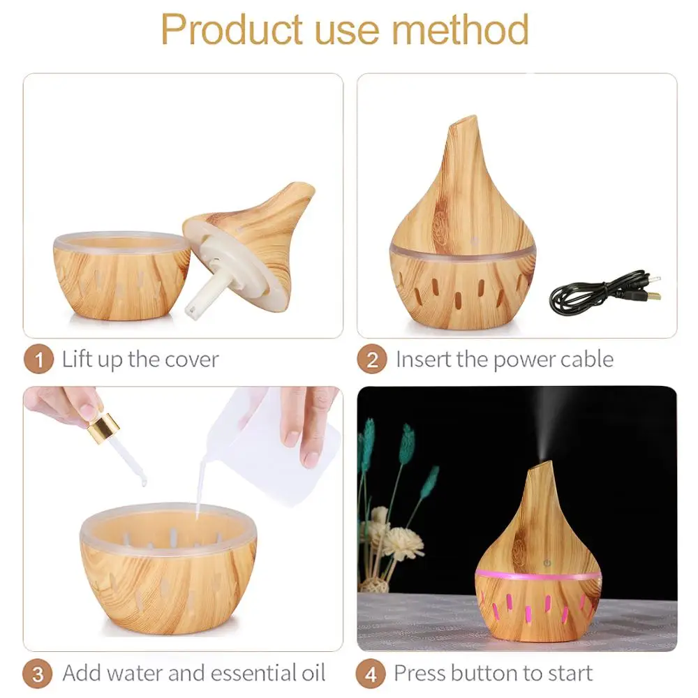

300ML Air Humidifier USB Electric Humidifier Essential Aroma Oil Diffuser Ultrasonic Wood Grain Mini Mist Maker LED Light