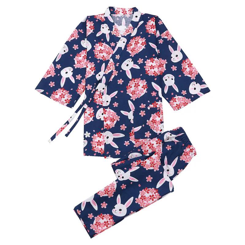 Японской традиции Стиль милые Сакура принт кролик детские пижамы со штанами