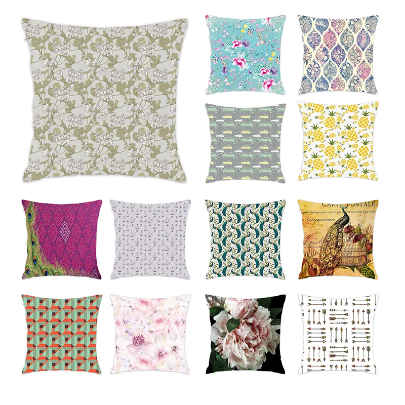 

[Douladou] Peacock Pink Flower Pattern Floral Throw Pillows Cojines Sofa Decorative Polyester Cushion Cover Flow Pillow 45x45cm