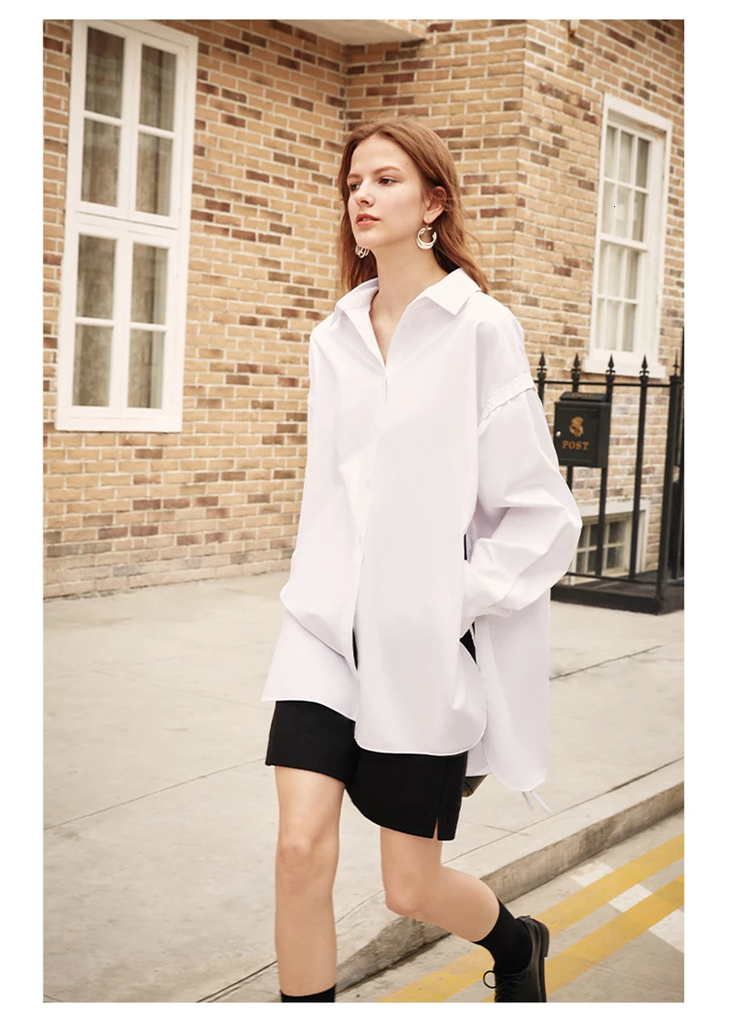 

[EAM] Women White Side Vent Bandage Big Size Blouse New Lapel Long Sleeve Loose Fit Shirt Fashion Tide Spring Autumn 2021 1K898