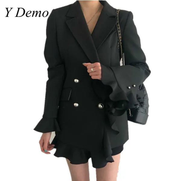 Новый элегантный женский Блейзер офисный двубортный приталенный пиджак с рюшами