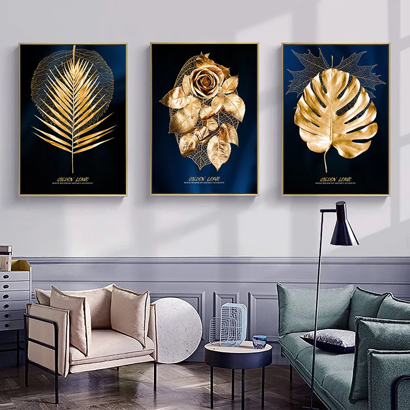 

Абстрактные Золотые листья, цветочный постер, холст, художественная живопись, золотой Роскошный декор, картина для современного домашнего ...