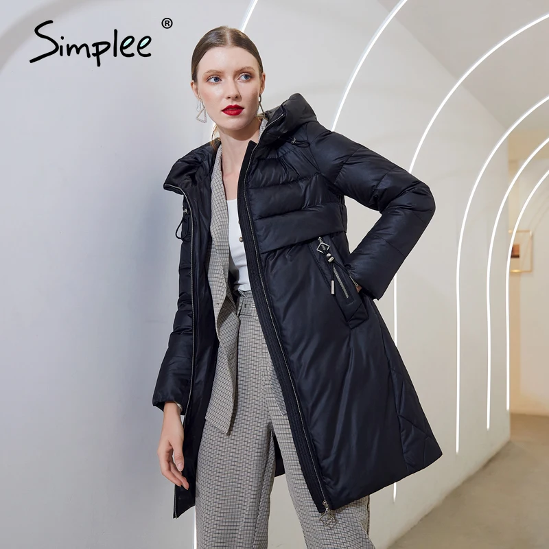 

Simplee Elegant warm women winter coat with hat Casual pocket parka female Fashion windproof long coats jackets 2020 new design