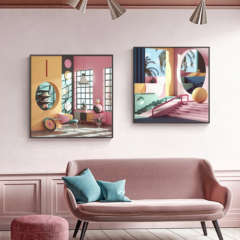 

Modern Pink Building Poster Square Painting Canvas Wall Art Prints Decoration Picture For Living Room Nordic Bed Room Home Decor