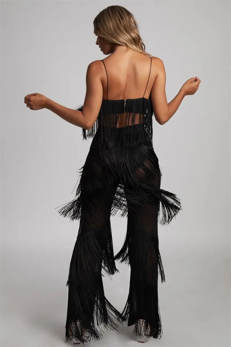 Новинка, летний комплект из двух предметов с кисточками, женский сексуальный шифоновый топ без рукавов с v-образным вырезом+ длинные штаны, Женский шифоновый комплект из 2 предметов
