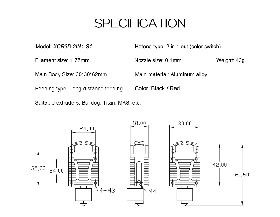 3DSWAY 3D-принтеры Запчасти XCR3D 2IN1-S1 Hotend 2 в 1 из коммутатор Цвет экструдер Bowden J-head 12 V/24 V 1,75 мм нити Вентилятор охлаждения