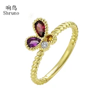 Shruno Solid 10K Yellow Gold 100% Genuine Natural Citrine Amethyst Garnet Diamond Vintage Unique Faine Jewelry Engagement Ring