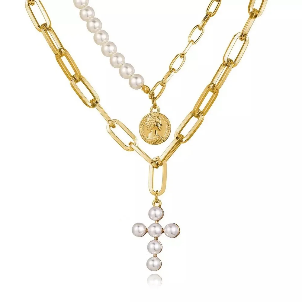 

2020 New Punk Miami Cuban Retro Pearl Cross Queen Image Pendant Necklace Feminine Short Double Hip Hop Clavicle Chain