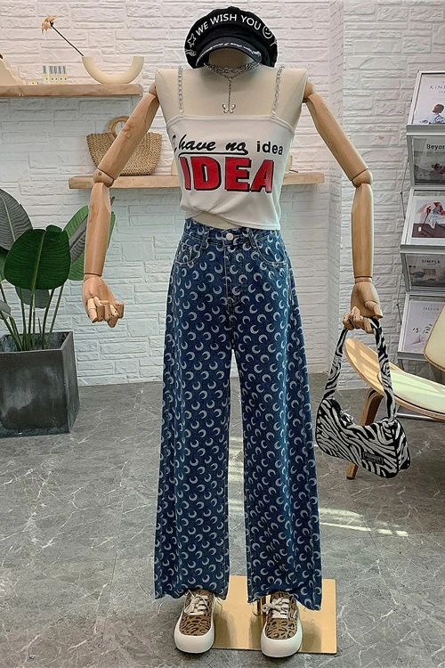 

Spring 2021 Jacquard High Waist Fashion Wide-leg Jeans Trousers for Women New All-Matching Straight Pants Mop Denim Pants