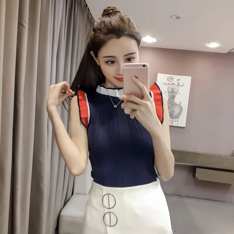 

Hong Kong flavor chic knitted stretch bottoming vest women's summer new stitching striped round neck slim knit sweater