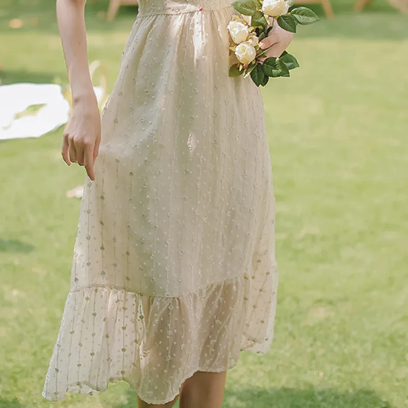

2021 Summer New Women's French Vintage Fairy Chiffon Dress Temperament Party Sweet Square Collar Chic Vestidos Female Midi Robe