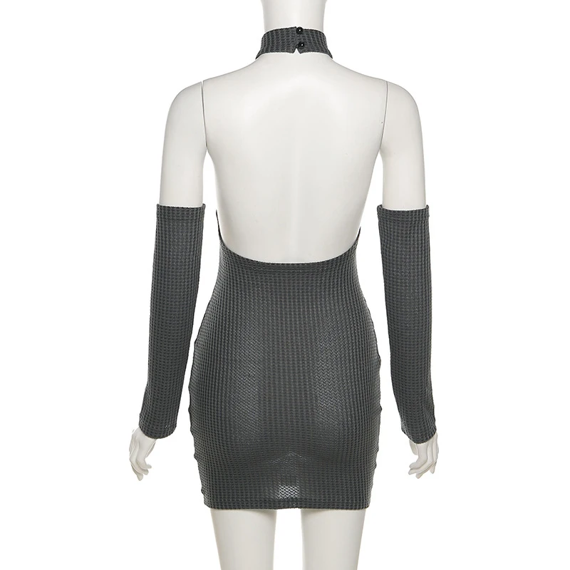 

NOVAINSPO O Neck Grey Solid Backless Transparent Mini Dresses For Women 2021 Summer Fashion Baddies Sexy Streetwear Hot Outfits