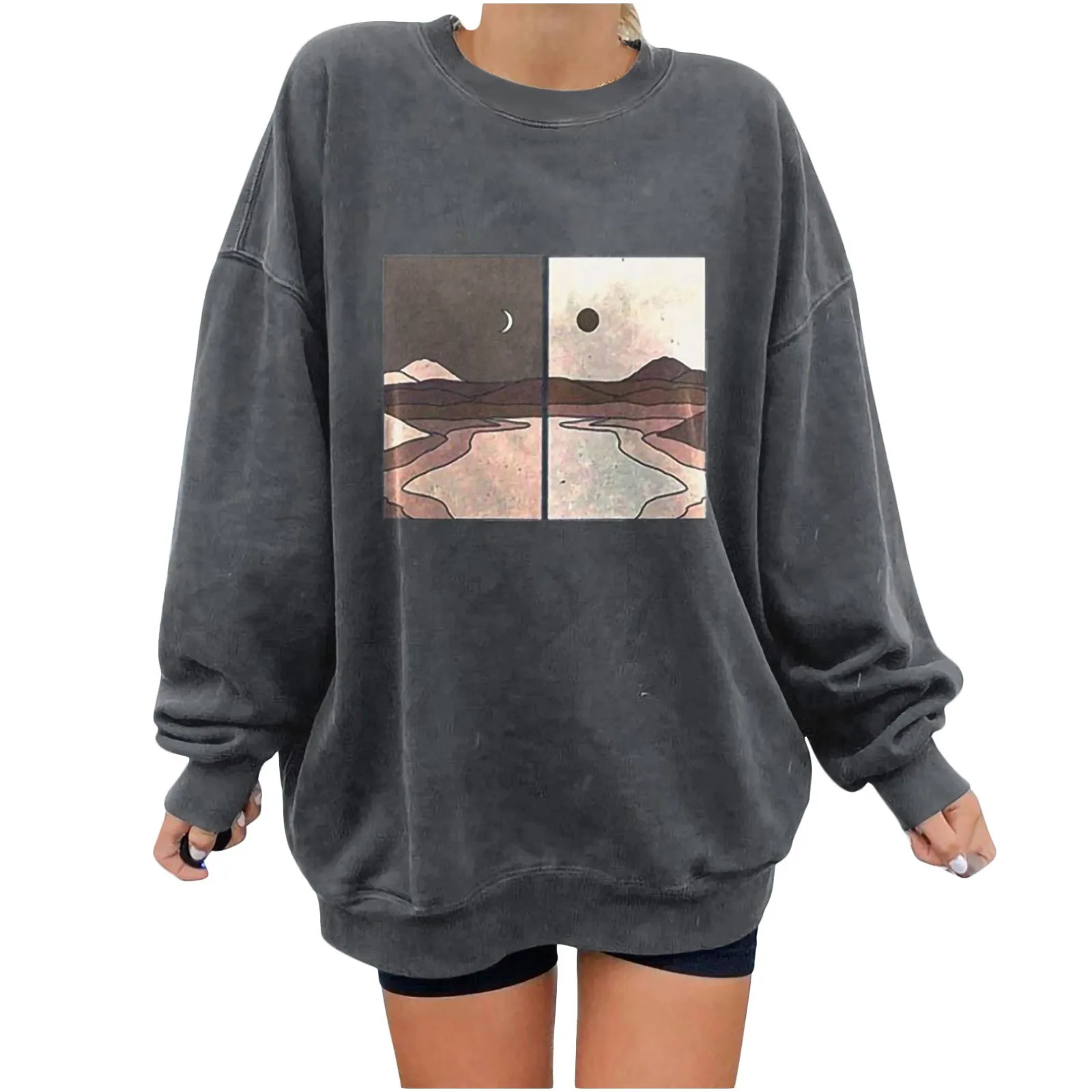 

Women Landscape Printing Sweatshirt Vintage Casual Long Sleeve Sweatshirt Pullover Tops Hoodies Vogue Sweatshirts Streetwear