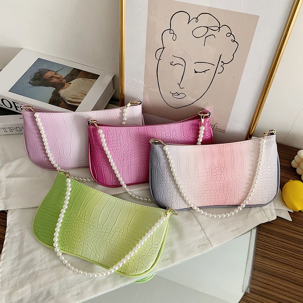 

Women Leather Gradient Color Subaxillary Bags Small Ladies Alligator Pattern Travel Handbags Single Strap Shoulder Bags