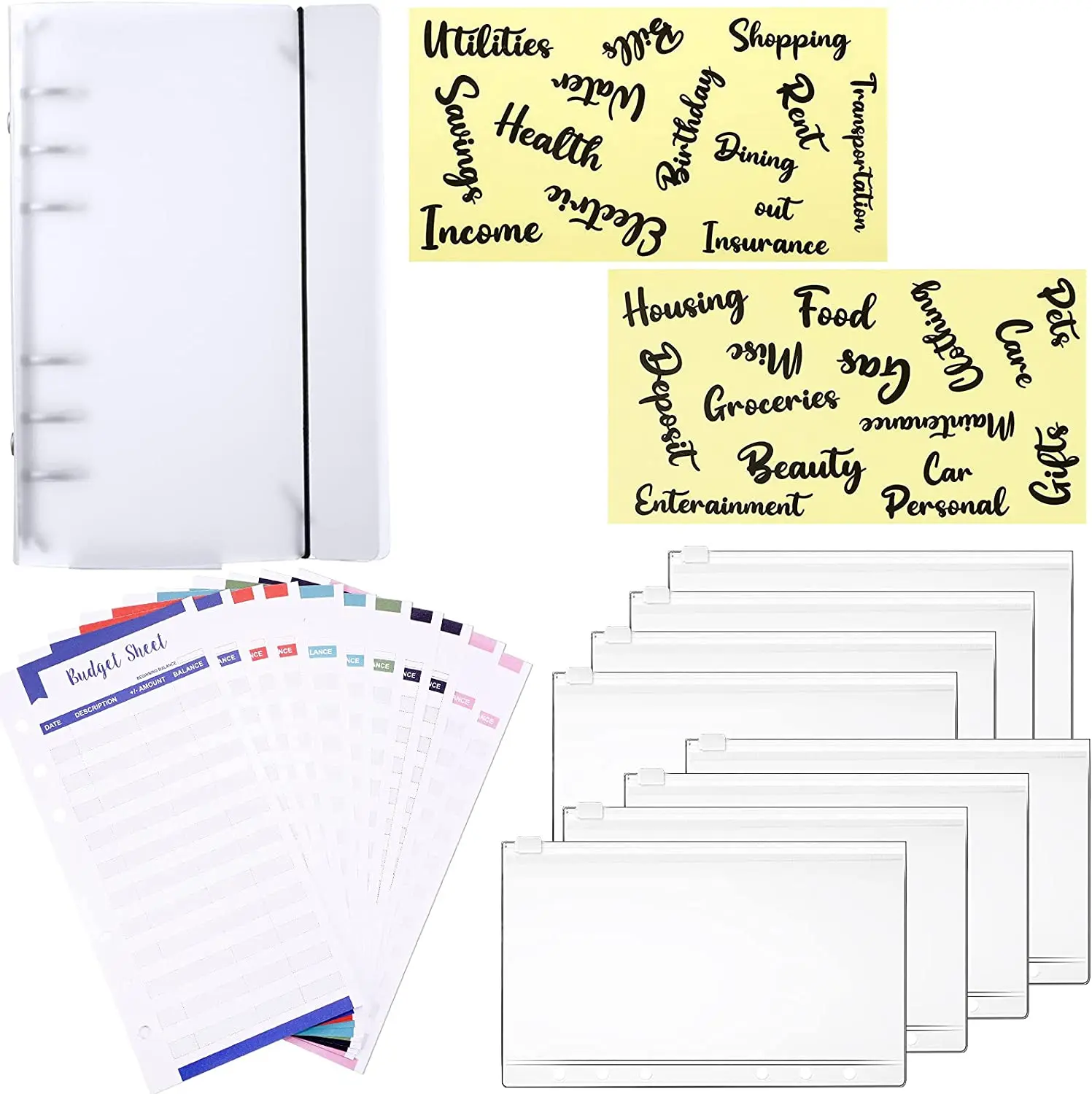 

A6 Budget Binder Plastic Clear Binder Cover with Snap, 8 Pieces Binder Envelopes, 12 Pieces Expense Budget Sheets, 2 Labels