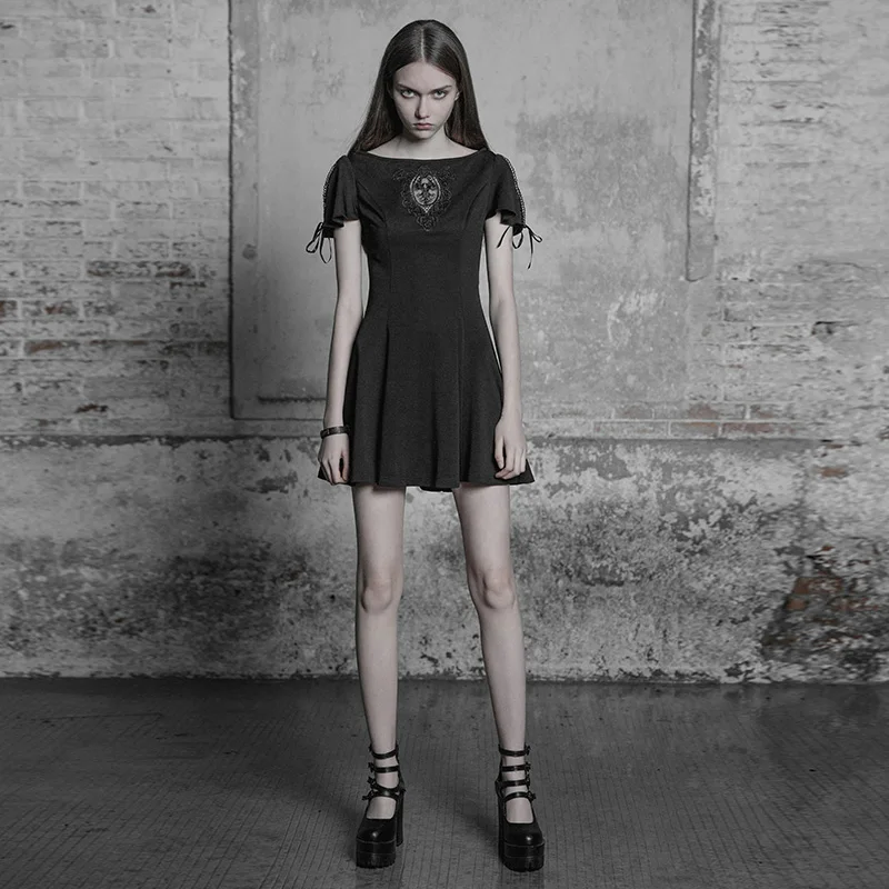 Женское винтажное платье в стиле панк готическое с вышивкой коротким рукавом и