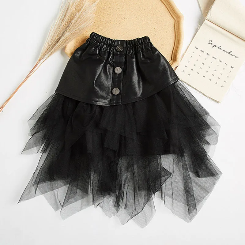 

2-12 Year Old Girls Black Tulle Skirts Autumn Spring Baby Kids Lush Tutu Ball Gown PU Dresses Casual Children Outfits Clothing