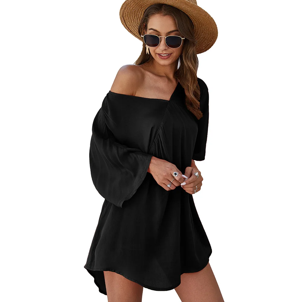 

Spring Mid-length Oblique Shoulder Solid Color V-neck Casual Loose T-shirt Casual Loose Large Size Short-sleeved T-shirt