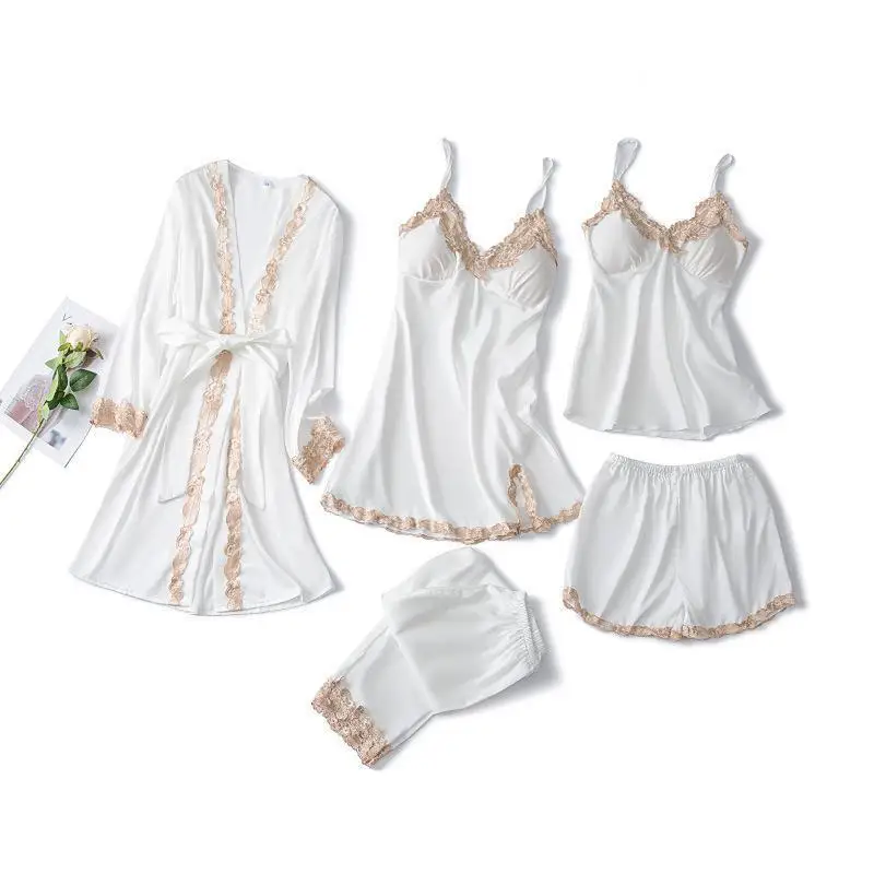 

5PCS Sexy Women Pajamas Sets Summer Satin Nightwear Casual Loose Robe Sets Strap Nighty Kimono Gown Bathrobe Pyjamas Home Wear
