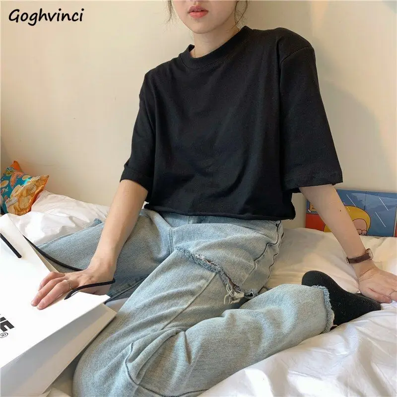 

Женский укороченный топ с коротким рукавом, универсальный кроп-топ в Корейском стиле прочный мягкий хлопок, стройнящий Повседневный Топ дл...