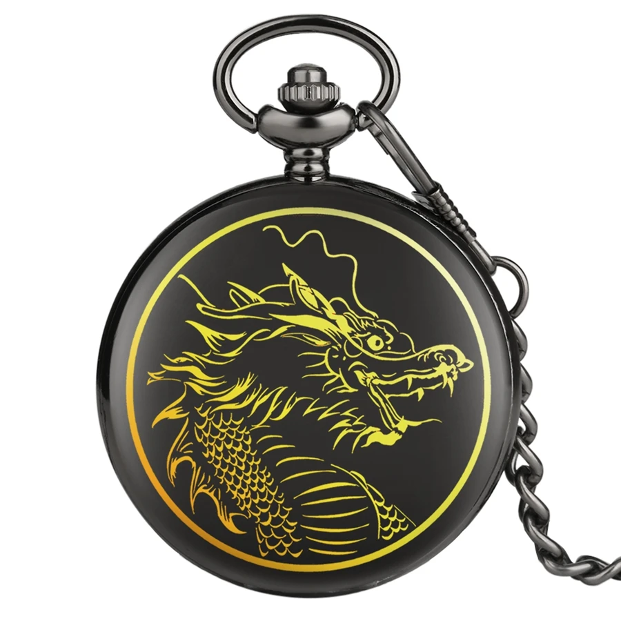 

Golden Dragon Sketch Artwork Quartz Pocket Watch Analog Pocket Chain Clock Smooth Men Women Punk Souvenir Watches relogio Montre