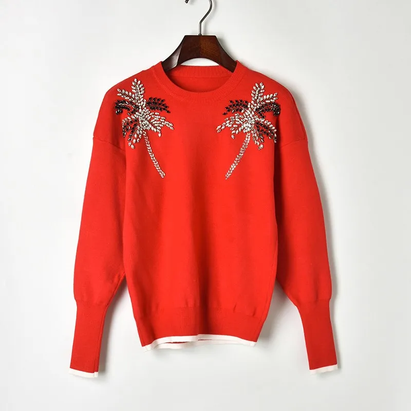 Womens Sweaters 2018 Winter Long Sleeve O-neck Coconut Tree with Beading Knit and Pullovers Red Black White Hem | Женская одежда