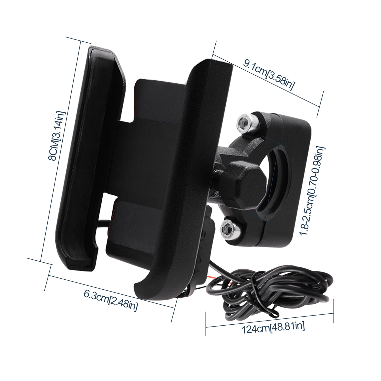 

360-Degree Rotating Motorcycle Phone Holder Stand with USB Charging Port DC12V 5V 2A For 4-6.5 inch Mobile Phones Bracket