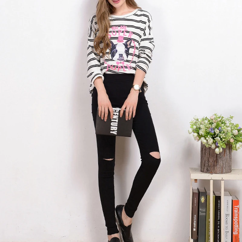 

Women Skinny Black Jeans Denim Pants Holes Destroyed Knee Pencil Pants Casual Stretch Ripped Slim Jeans