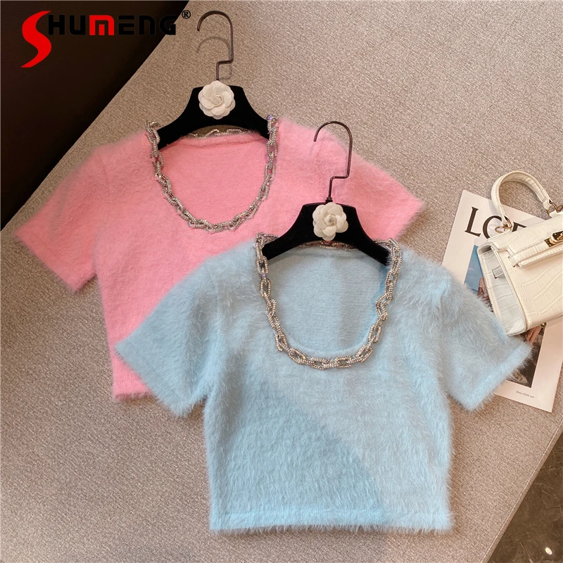

2021 Autumn New Fashionable Sweet Candy Sexy Furry Metal Chain Sweater Short Sleeves T-shirt Top for Women