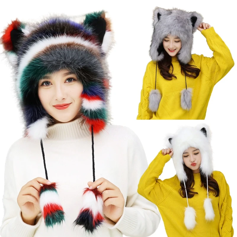 

Fluffy Furry Thermal Warm Trapper Hat Cute Ears Plush Animal Earflap Cap A0NF