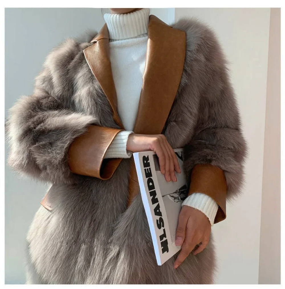 

OEING Womens Winter Warm Outwear Faux Fur Splice Pu Leather Lapel Collar Blazer Jacket