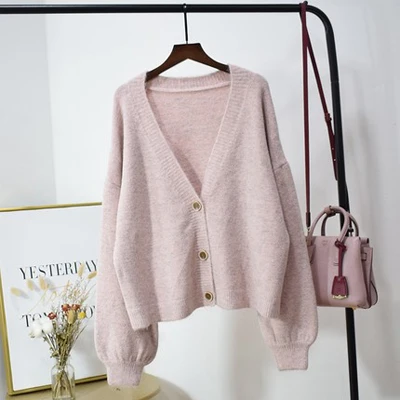 pink Женский кардиган, толстый кашемировый свитер, Осень-зима, однобортный Свободный кардиган с длинным рукавом, Женский вязаный жакет, пальто - Цвет: pink