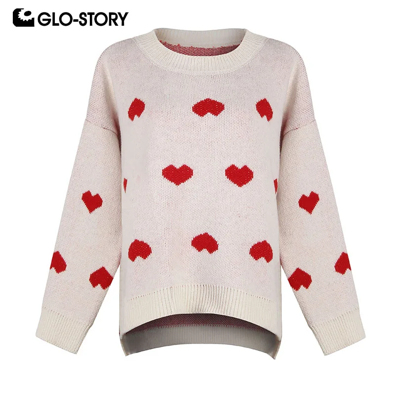GLO-STORY 2019 Winter Women Causal Heart O-Neck Long Sleeve Pullover Sweater Knitted Warm Tops for Female Clothes | Женская одежда